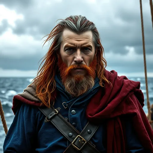 Prompt: (medieval ship captain), middle-aged man with (long red and gray hair), (very short beard), standing confidently in the (foreground), (winter season), (stormy sea) in the background, wearing a (rich blue attire) layered under (ship leather cloak), dramatic clouds overhead, overall atmosphere is (gritty realism), high detail and textures, 4K quality, ultra-detailed.