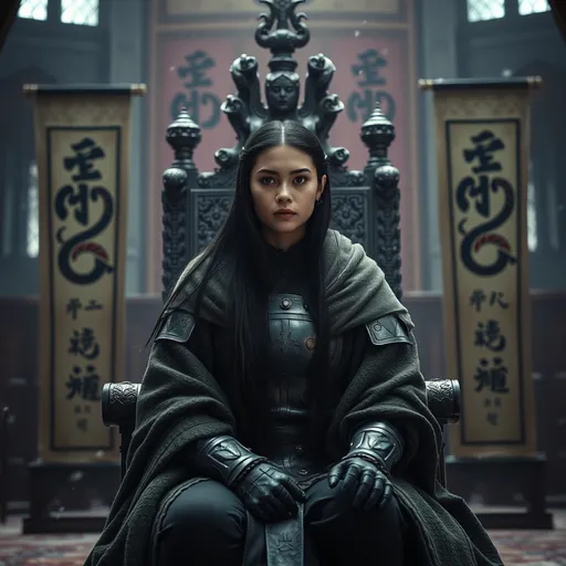 Prompt: (medieval empress), young age women with (long black hair), sitting confidently on the (foreground), (winter season), (two family banners at the sides of the throne with snakes) in the background of the imperial room, no other men, wearing a (light armor) layered under (wool green mantel), dramatic inside atmosphere, overall atmosphere is (gritty realism), high detail and textures, 4K quality, ultra-detailed.