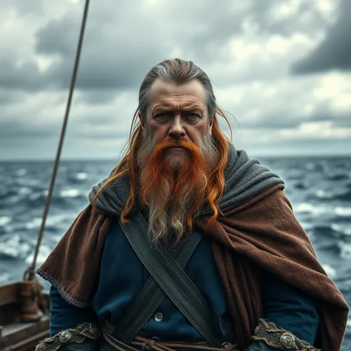 Prompt: (medieval ship captain), middle-aged man with (long red and gray hair), (very short beard), standing confidently in the (foreground), (winter season), (stormy sea) in the background, wearing a (rich blue attire) layered under (ship leather cloak), dramatic clouds overhead, overall atmosphere is (gritty realism), high detail and textures, 4K quality, ultra-detailed.