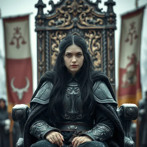 Prompt: (medieval empress), young age women with (long black hair), sitting confidently on the (foreground), (winter season), (two family banners at the sides of the throne) in the background, no other men, wearing a (armor) layered under (wool black mantel), dramatic outside atmosphere, overall atmosphere is (gritty realism), high detail and textures, 4K quality, ultra-detailed.