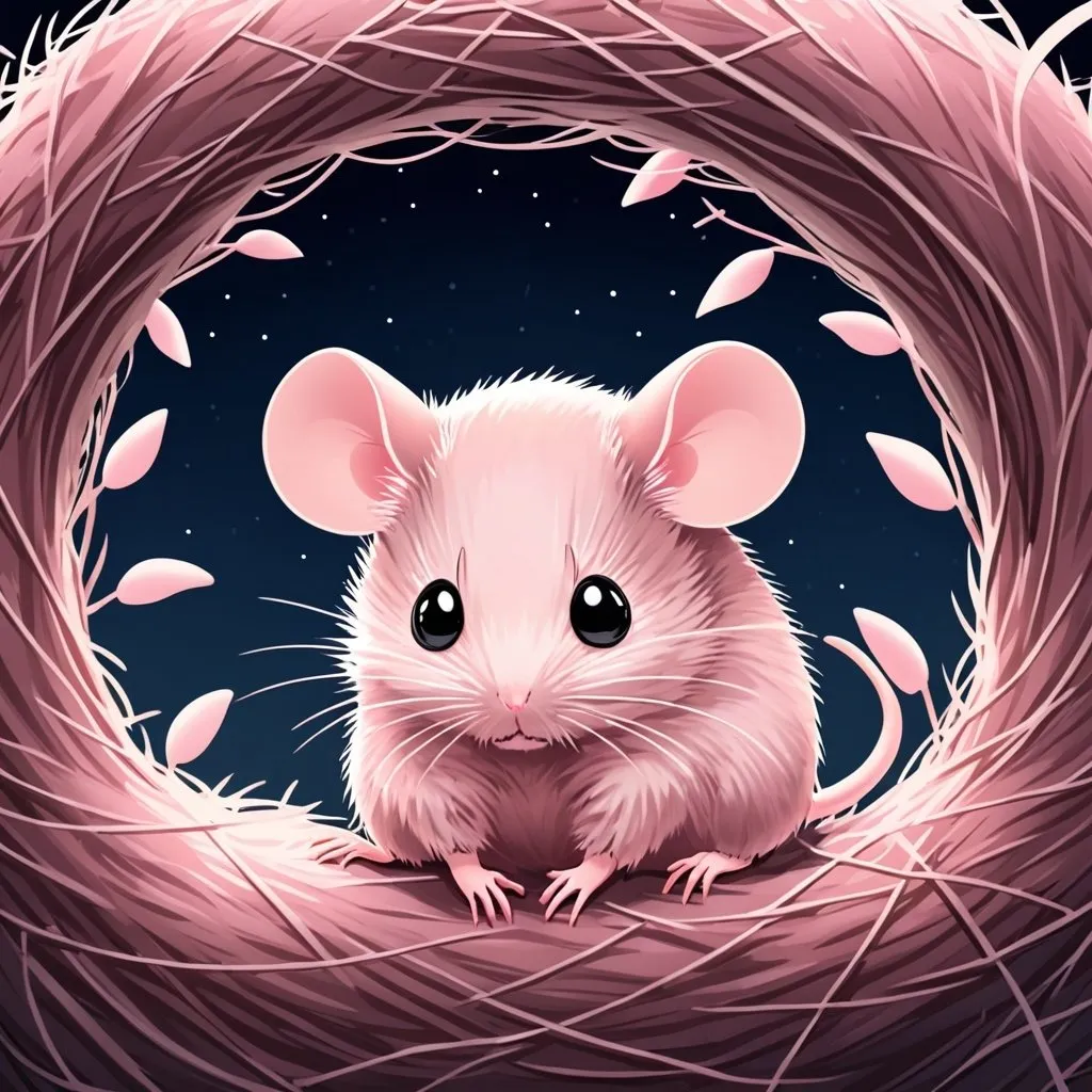 Prompt: Cute small mouse, pastel pink fur, is sad, and lonely in her nest, under moonlight, 