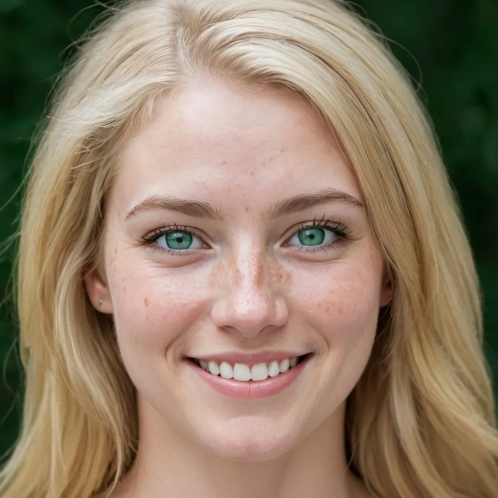 Prompt: Face of a very pretty white woman, blond, 26 years old, green and blue eyes, very smiling, a few very discreet freckles.
