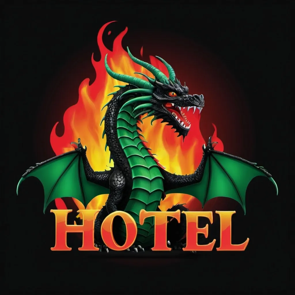 Prompt: A black fiery dragon with a green and red with the word Hotel spelled out in the picture
