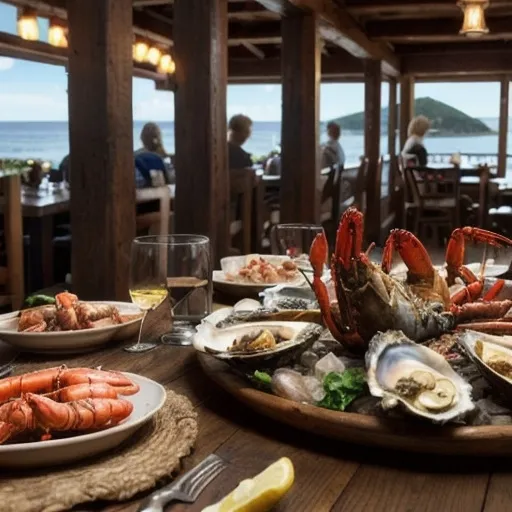 Prompt: Realistic image of a table with people of various ages eating seafood, diverse group, vibrant and rich color tones, natural and warm lighting, cheerful and cozy atmosphere, intricate details on the seafood, rustic wooden table, food spread including oysters, lobsters, prawns, lemons, greens, background showing a cozy coastal restaurant or a home dining setting, ultra-detailed, 4K, photorealistic, cinematic quality.