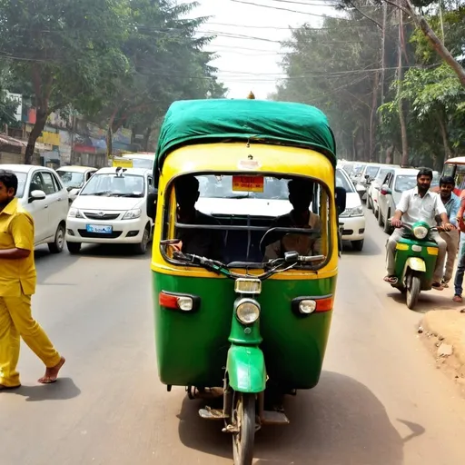 Prompt: bangalore traffic, green and yellow auto rickshaw
