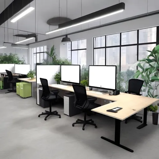 Prompt: I want a basic style open office included of boss desk, meeting desk and working tables. 