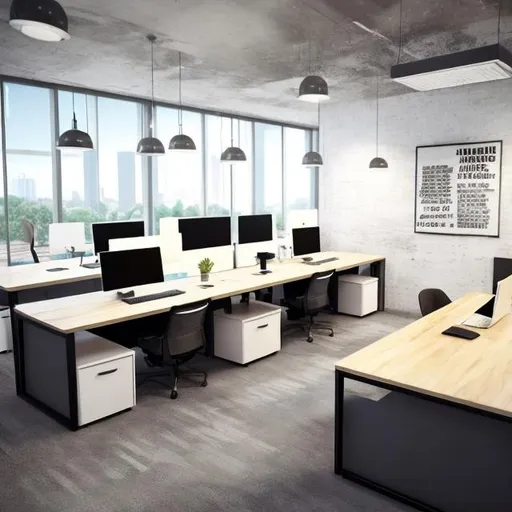 Prompt: I want a basic style open office included of boss desk, meeting desk and working tables. 
