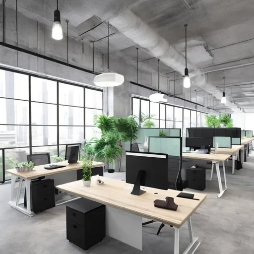 Prompt: I want a basic style open office included of boss desk, meeting desk and working tables. 