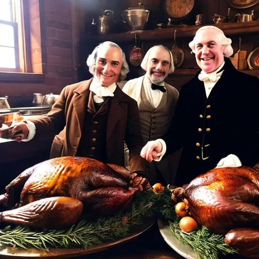 Prompt: Samuel Adams and John Handcock posing for a selfie infront of a table filled with cooked turkeys