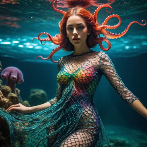 Prompt: Swimming underwater goddess cinematic stunning eye candy fantasy. Intricate fish net dress. Octopus, vibrant colors 