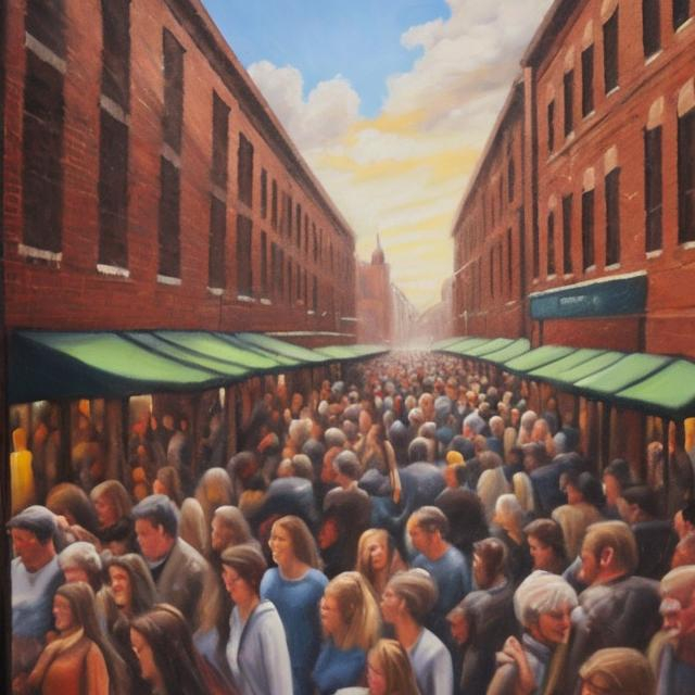 Prompt: Oil painting, crowd of people, brick street, happiness, 