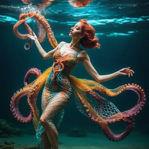 Prompt: Swimming underwater goddess. Doing back flip. cinematic quality Intricate fish net dress. Octopus, vibrant colors 