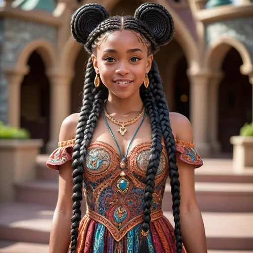 Prompt: Disney ona intricate long braids intricate dress