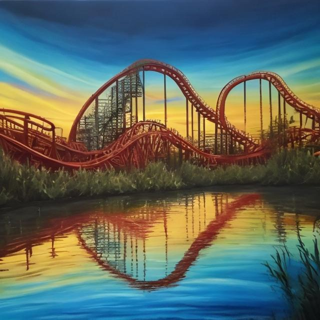 Prompt: Oil painting, roller coaster, sunset, intricate detail, reflection on water, 