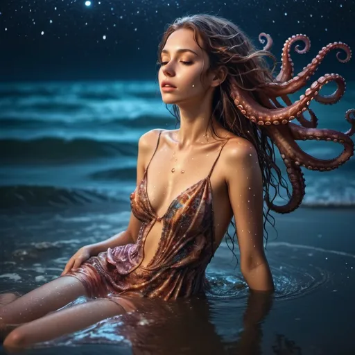 Prompt: Beautiful maiden floating on back in ocean.  Stars in sky. Milky Way. Water droplets on tanned skin. Hair wet. Octopus. Corol. Skin glistening in moonlight.cinematic quality.  Intricate sea shell dress. Long wet hair. vibrant colors 