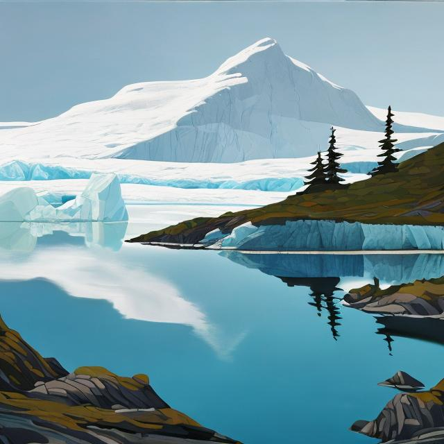 Prompt: Trees on island in centre,  water in foreground, oil painting, group of seven, Harris, iceberg in water