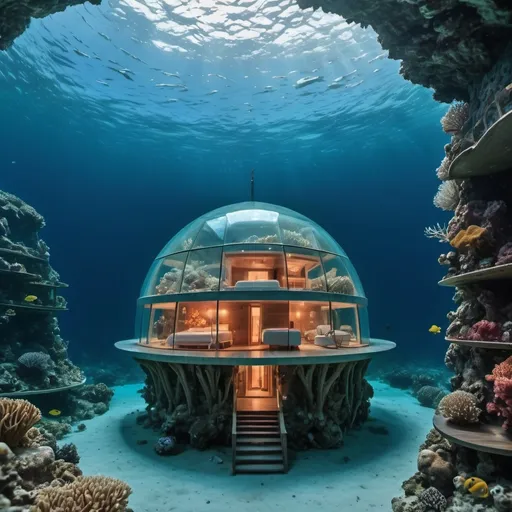 Prompt: Dome shaped dwelling made out of coral under the water on the bottom of the ocean. One wall is made of glass. House is full of water. Beautiful maiden swimming inside the house. The water in the house is light up. 