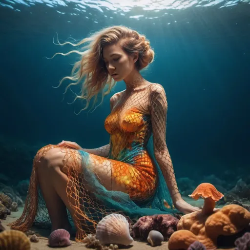 Prompt: Goddess crouching on bottom of ocean. Hiding. Vulnerable. Intricate fish net dress. Golden ratio. wet hair. Tropical fish, coral, vibrant colors. Octopus, sea shells, star fish. Cinematic style 