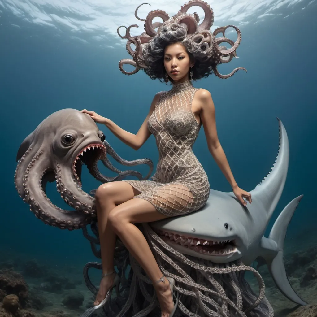 Prompt: Goddess with octopus hair, riding shark. Intricate fish net dress.