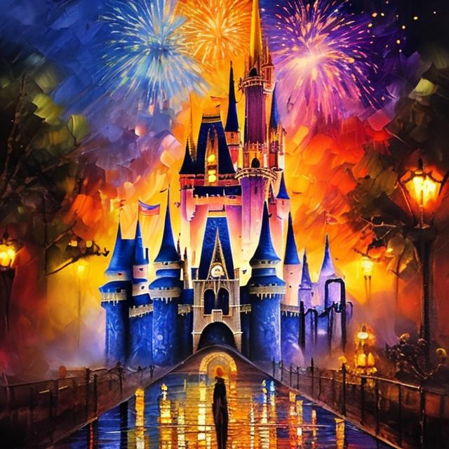Prompt: Oil painting, Disney castle, fairy dust, fireworks, intricate detail, Main Street, 