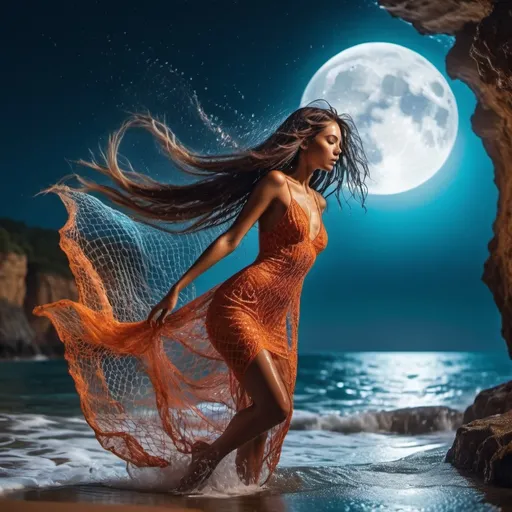 Prompt: Beautiful Goddess diving off cliff into ocean. Full moon. Water droplets on tanned skin. Hair wet. cinematic quality.  Intricate fish net dress. Long wet hair. vibrant colors 