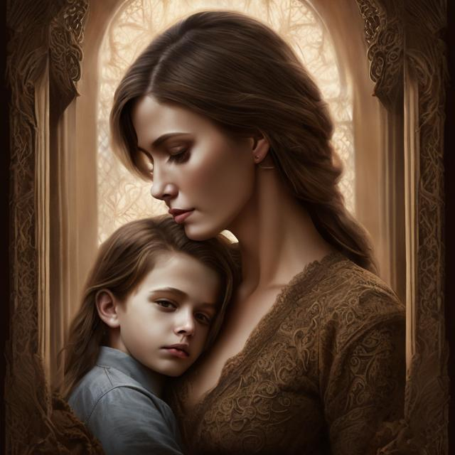 Prompt: Oil painting, mother, forgiving son, intricate detail, cinematic style, beautiful mother with long brown hair, handsome son with blond hair