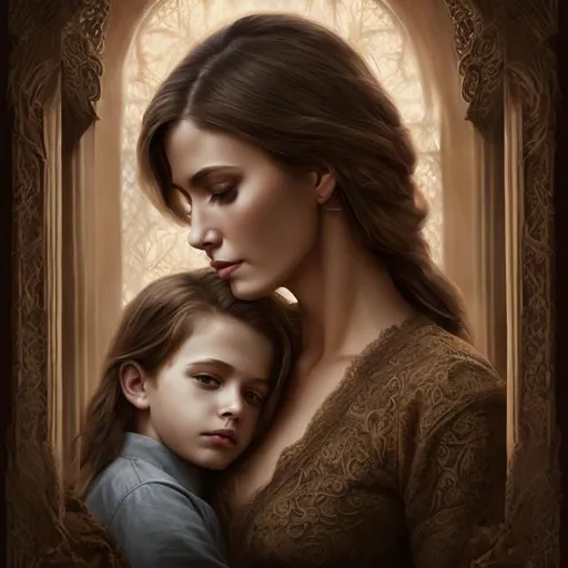Prompt: Oil painting, mother, forgiving son, intricate detail, cinematic style, beautiful mother with long brown hair, handsome son with blond hair