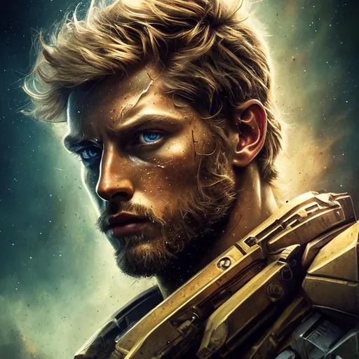 Prompt: 3D, HD, Cinematic, Dramatic, Spectacular, Blond Male, Handsome,  Beautiful big reflective eyes, Supernova, Cosmos, Galaxies, expansive Interstellar background, ultra detailed full body artistic photography, detailed rugged Gorgeous detailed face, shadows, oil on canvas, brush strokes, ultra sharp focus, ominous, matte painting movie poster, golden ratio