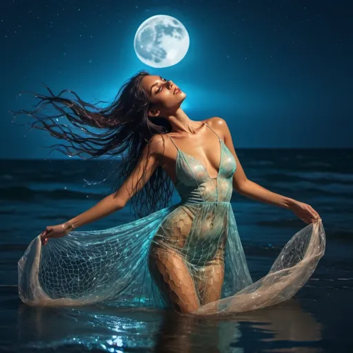 Prompt: Goddess floating on back in ocean. Full moon in sky. Water droplets on tanned skin. Hair wet. Skin glistening in moonlight.cinematic quality Intricate fish net dress. Long wet hair. vibrant colors 