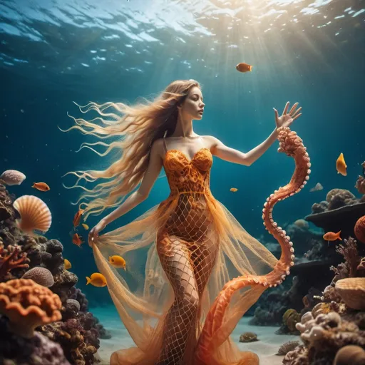 Prompt: Goddess reaching for coral reef underwater. Intricate fish net dress. Golden ratio. Long wet hair. Tropical fish, coral, vibrant colors. Octopus, sea shells, star fish. Cinematic style 