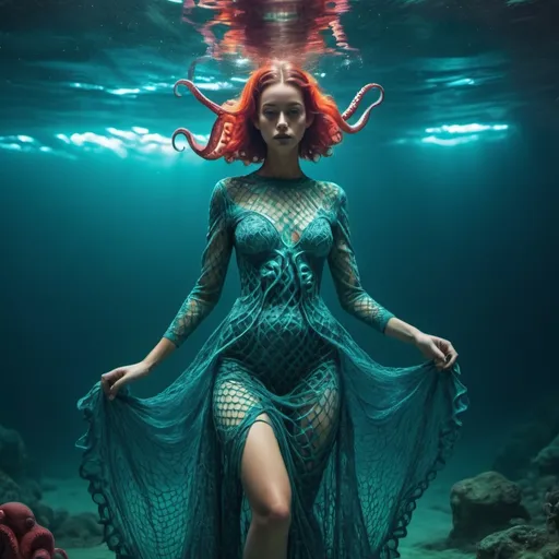Prompt: Swimming underwater Goddesses. Alien ocean. cinematic quality Intricate fish net dress. Octopus, vibrant colors 