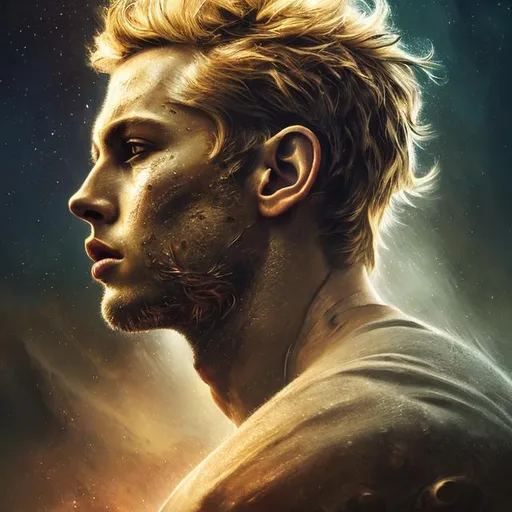Prompt: 3D, HD, Cinematic, Dramatic, Spectacular, Blond Male, Handsome,  Beautiful big reflective eyes, Supernova, Cosmos, Galaxies, expansive Interstellar background, ultra detailed full body artistic photography, detailed rugged Gorgeous detailed face, shadows, oil on canvas, brush strokes, ultra sharp focus, ominous, matte painting movie poster, golden ratio