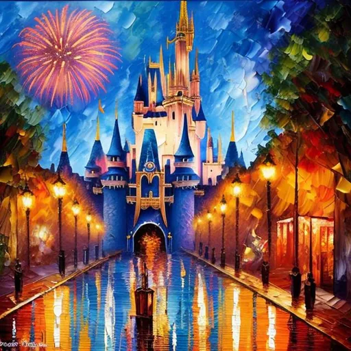 Prompt: Oil painting, Disney castle, fairy dust, fireworks, intricate detail, Main Street, 