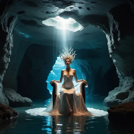 Prompt: Goddess in the ocean, sitting inside a cave, on a throne. Electricity flowing through tubes in the ceiling of cave. Intricate dress. Cinematic style.