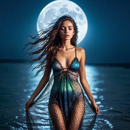 Prompt: Goddess arising from the ocean. Full moon in sky. Water droplets on skin. Hair wet. Skin glistening in moonlight.cinematic quality Intricate fish net dress. Long wet hair. vibrant colors 