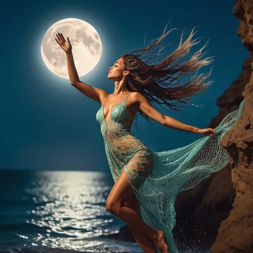 Prompt: Beautiful Goddess diving off cliff into ocean. Full moon. Water droplets on tanned skin. Hair wet. cinematic quality.  Intricate fish net dress. Long wet hair. vibrant colors 