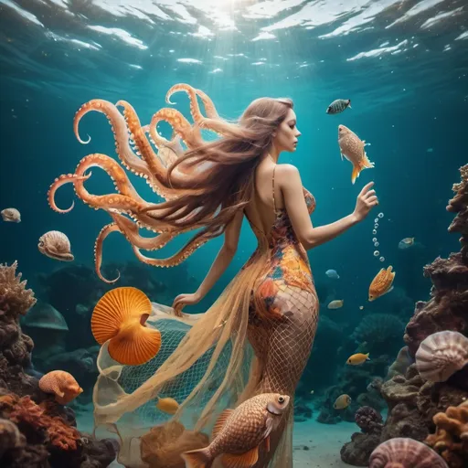 Prompt: Goddess diving underwater. Hunting for fish. Intricate fish net dress. Golden ratio. Long hair. Tropical fish, coral, vibrant colors. Octopus, sea shells, star fish. Cinematic style 