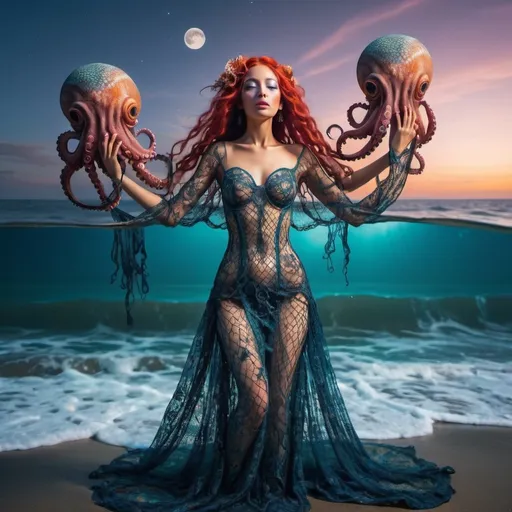 Prompt: Goddess arising from the ocean. Two moons in sky. cinematic quality Intricate fish net dress. Octopus, vibrant colors 