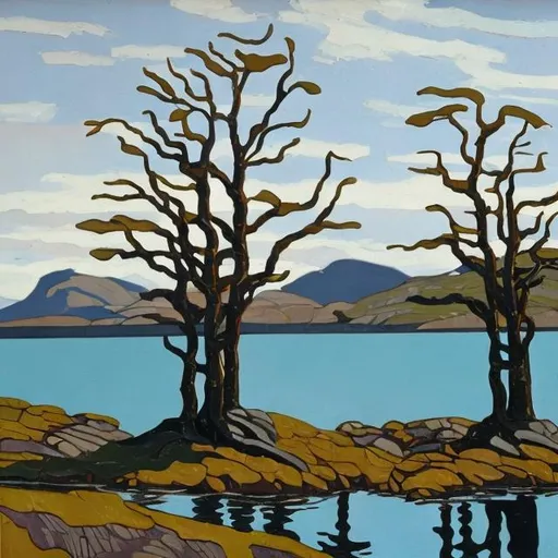 Prompt: Trees on island surrounded by water in foreground, trees  oil painting, group of seven, Harris,