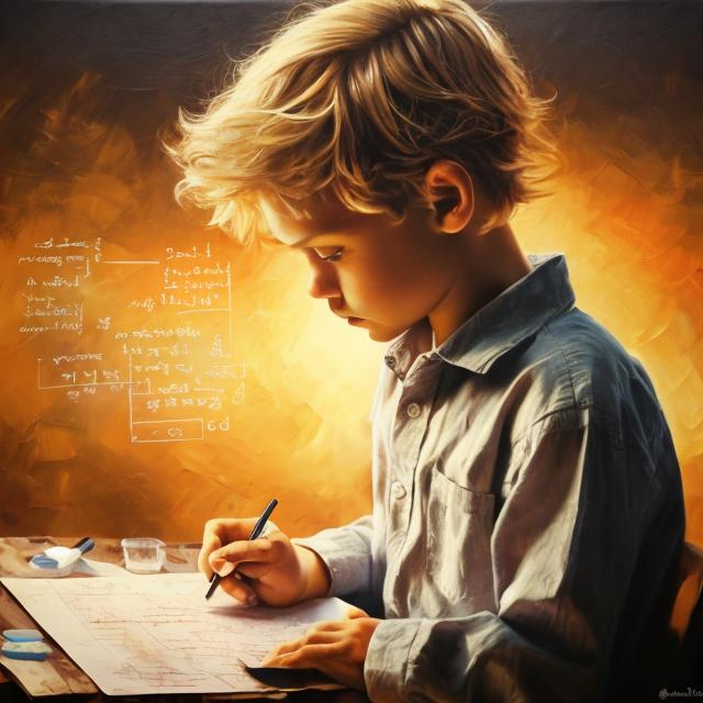 Prompt: Oil painting, son, blond hair, intricate detail, equations, deep thought, sunset, 