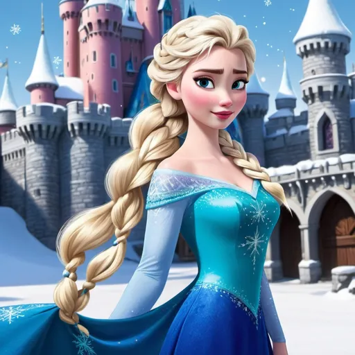 Prompt: Disney Elsa long blond braid instigate blue dress snow flakes Disney castle vibrant colors