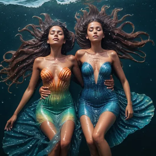 Prompt: Two Beautiful Goddesses floating on back in ocean.  Stars in sky. Milky Way. Water droplets on tanned skin. Hair wet. Corol. cinematic quality.  Intricate sea shell dress. Long wet hair. vibrant colors 