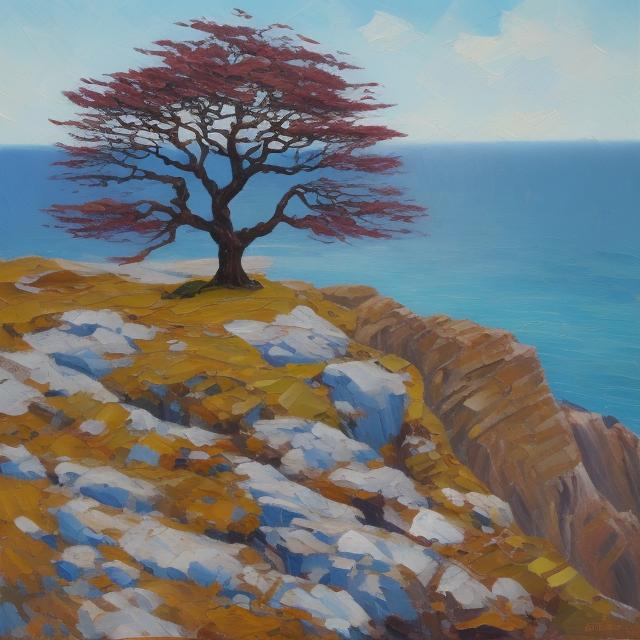 Prompt: Blue tree, oil painting, on cliff, ocean in foreground, Harris, group of 7