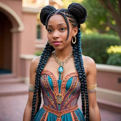 Prompt: Disney ona intricate long braids intricate dress