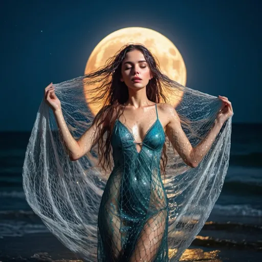 Prompt: Goddess arising from the ocean. Full moon in sky. Water droplets on skin. Hair wet. Skin glistening in moonlight.cinematic quality Intricate fish net dress. Long wet hair. vibrant colors 
