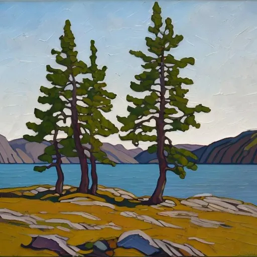 Prompt: Trees on island, oil painting, group of seven, Harris 