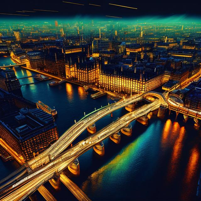 Prompt: Oil painting, bird eyes view, London Bridge at night, long exposure, cinematic effects 