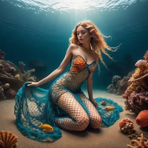 Prompt: Goddess crouching on bottom of ocean Intricate fish net dress. Golden ratio. wet hair. Tropical fish, coral, vibrant colors. Octopus, sea shells, star fish. Cinematic style 