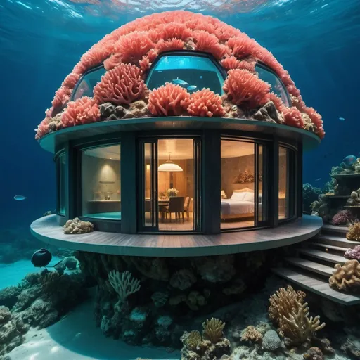 Prompt: Dome shaped dwelling made out of coral under the water on the bottom of the ocean. One wall is made of glass. House is full of water. Beautiful maiden swimming inside the house. The water in the house is light up. 