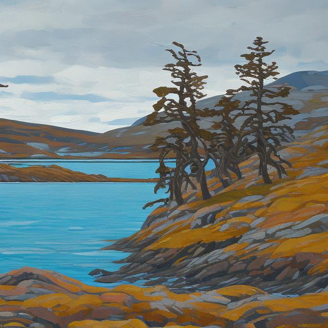 Prompt: Trees on island in centre of picture, water in foreground, oil painting, group of seven, Harris,